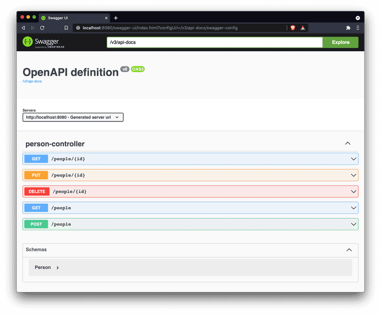 Swagger UI for the standard rest controller, showing the summary page containing get, put, post and delete requests