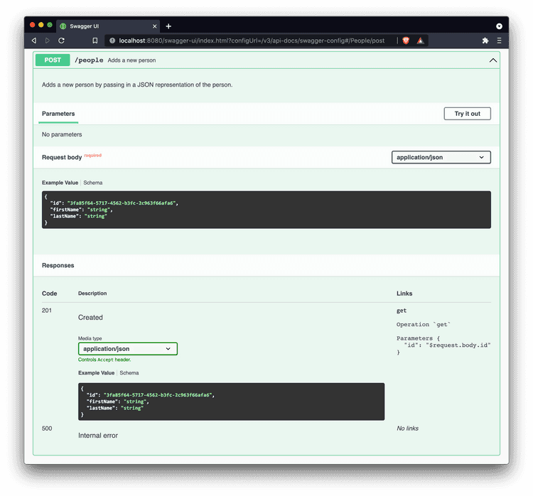 Swagger UI for the annotated rest controller, expanding the post request to show that the response links is empty