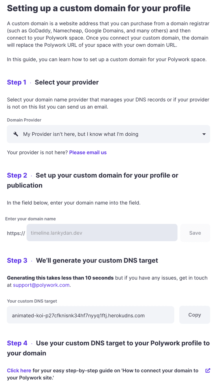 Setting up a custom domain for your profile section on Polywork's settings page