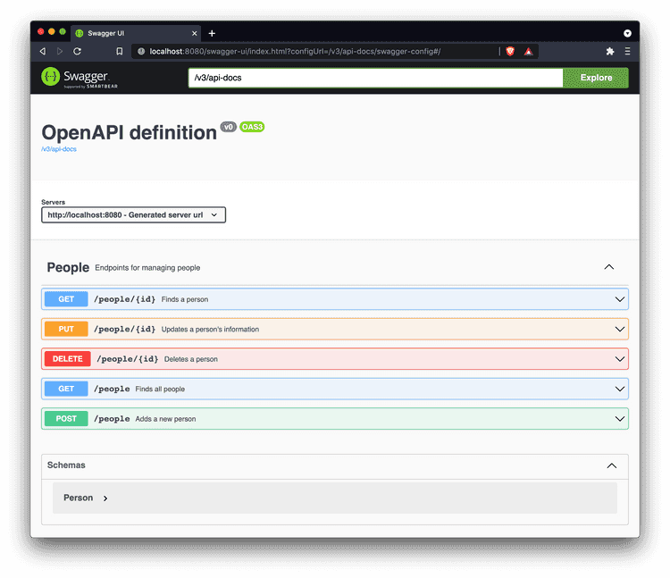 Swagger UI for the annotated rest controller, showing the summary page containing get, put, post and delete requests which contains more detailed information than the default settings
