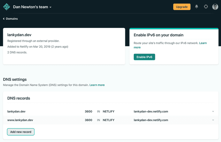 Netlify domain page for your site